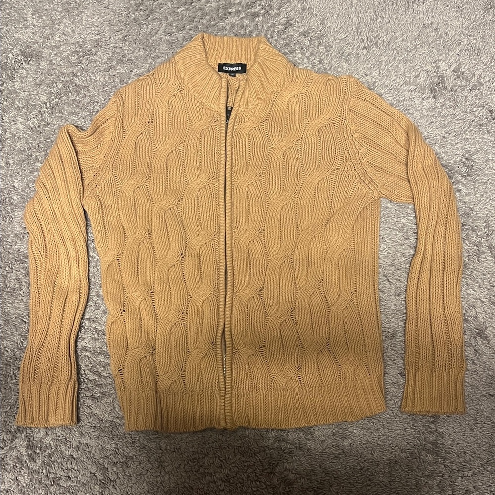 Express Camel Full-Zip Cable-knit Cardigan